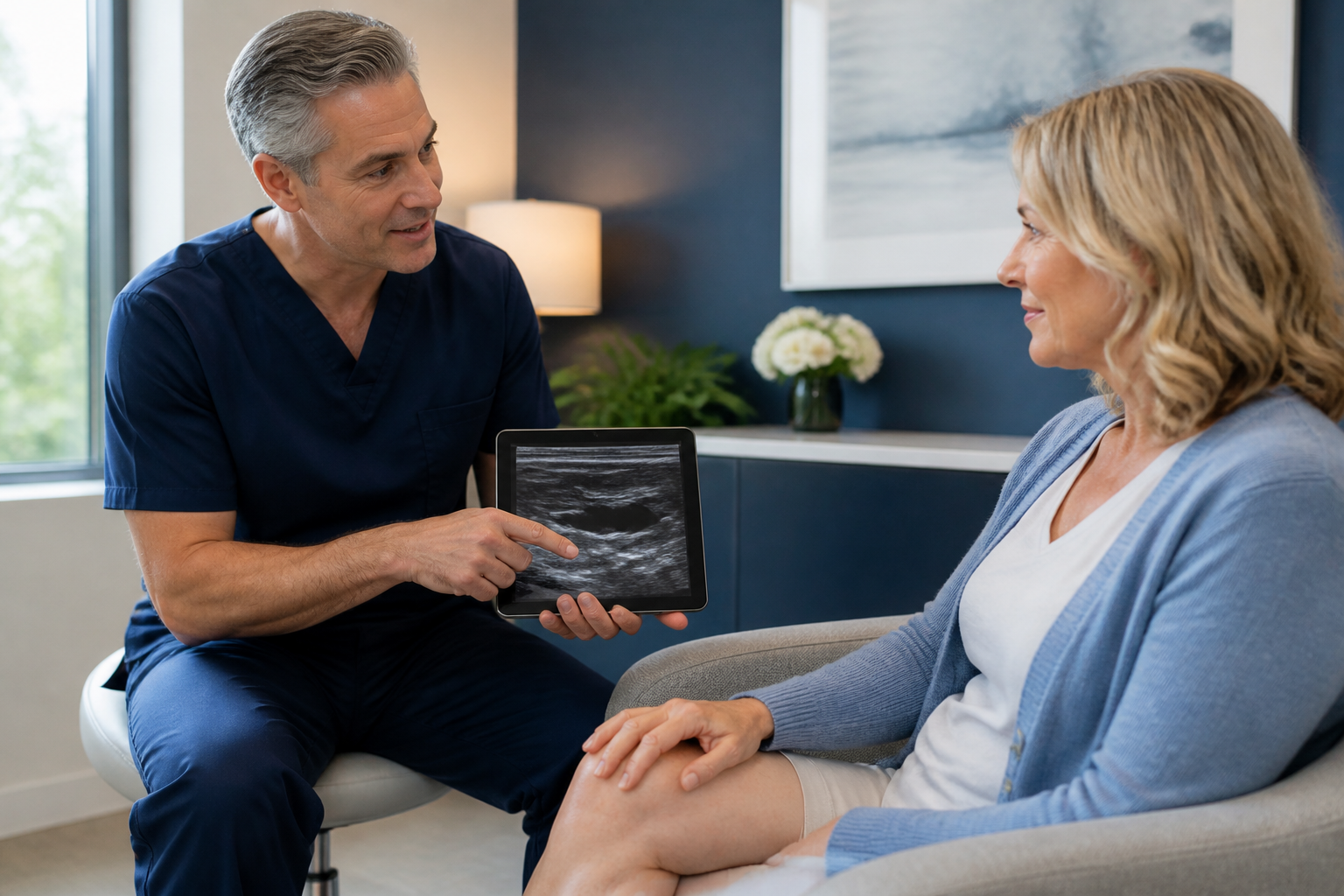 Vein specialist consulting with a patient